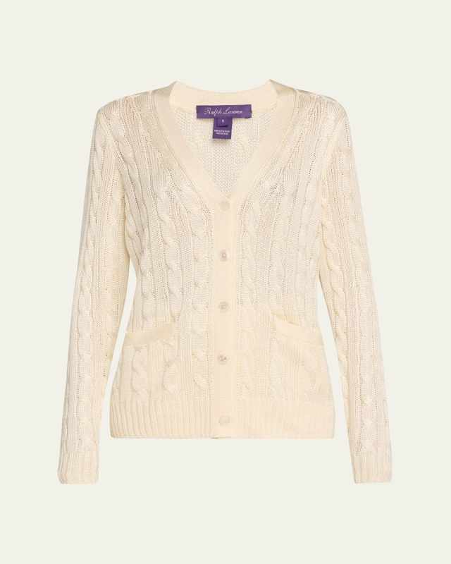 High Shine Cable-Knit Cashmere Cardigan Sweater, Cre